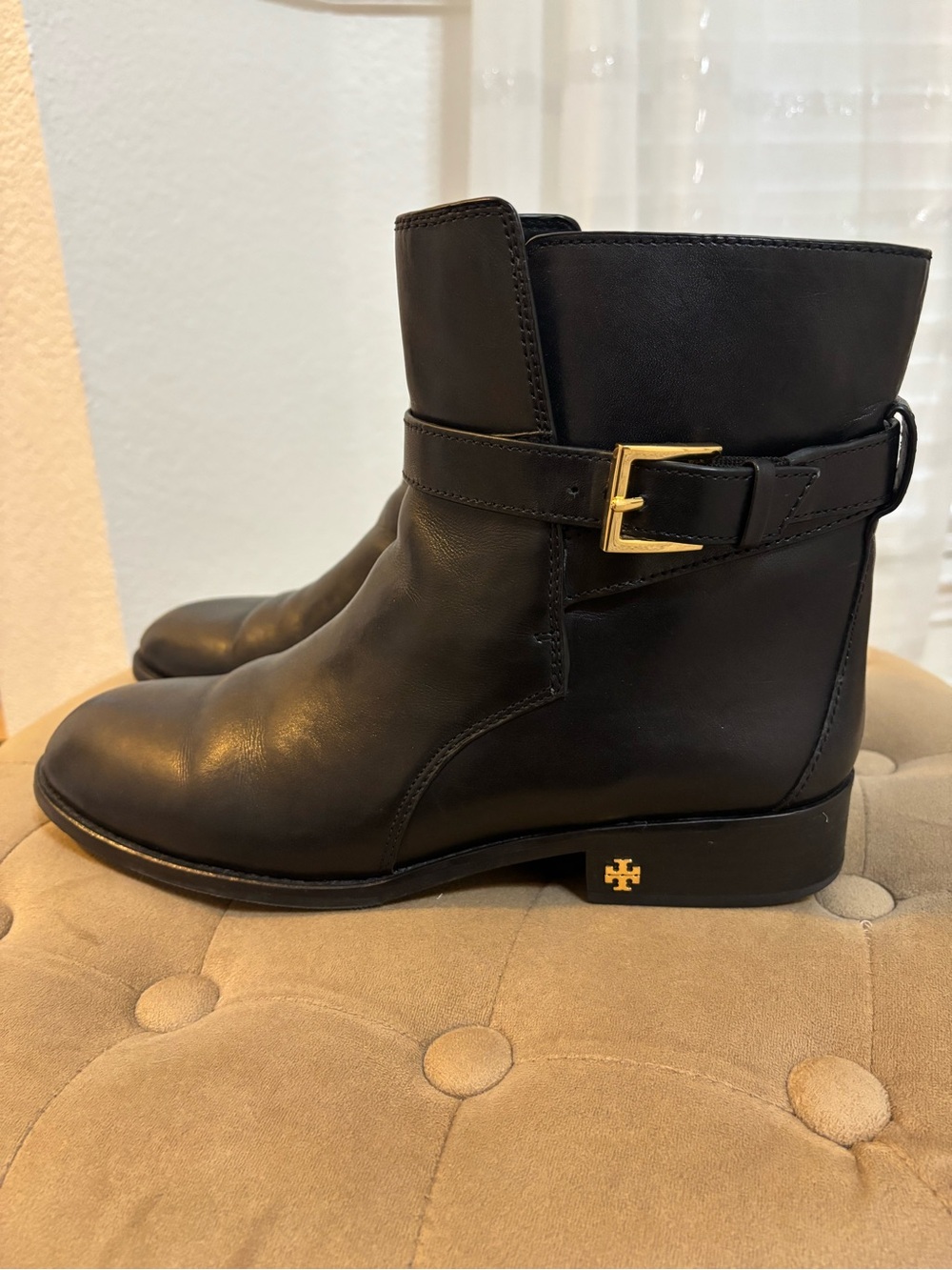 Tory Burch Black Leather Ankle Boots with Gold Buckle